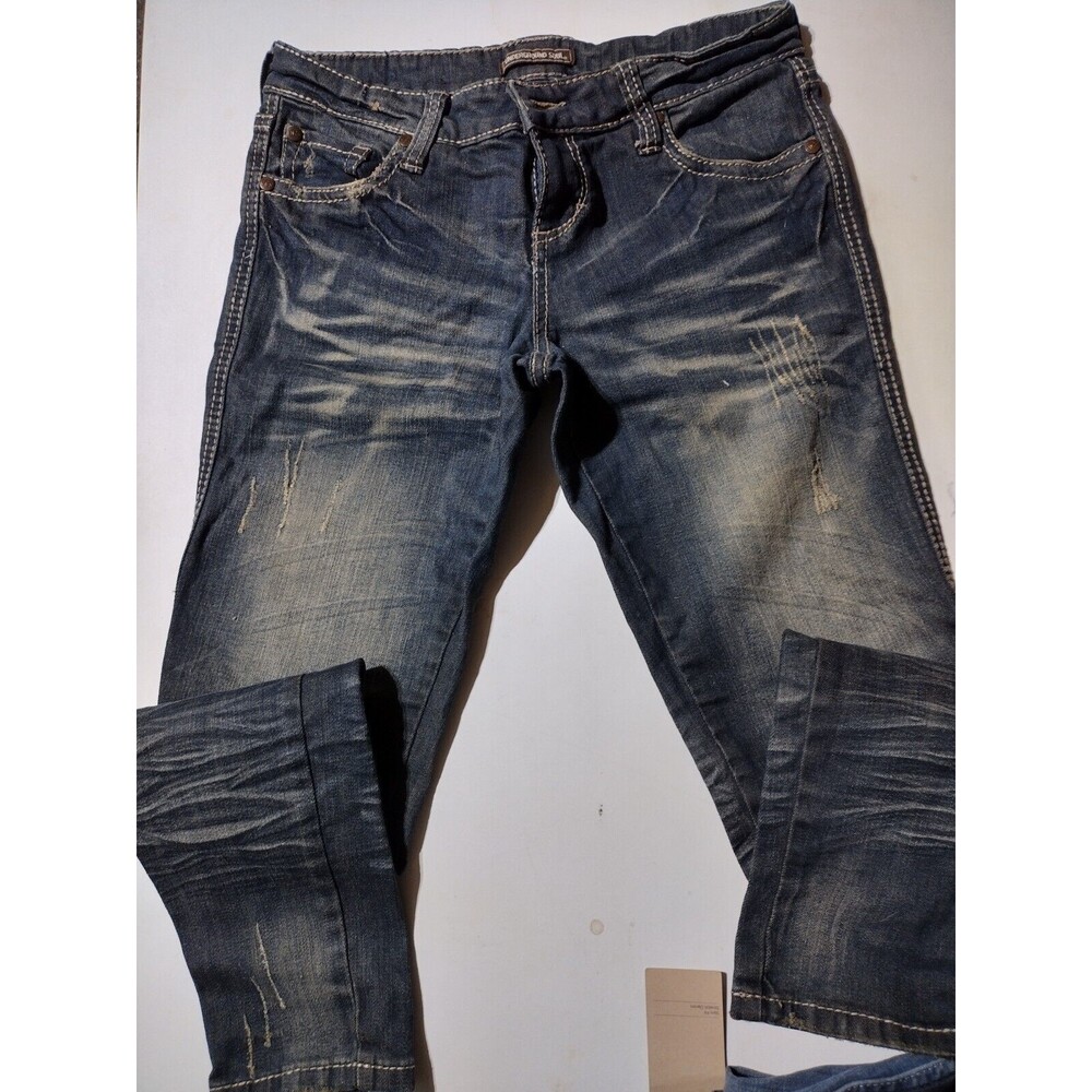 preowned ladies underground soul size 7 whiskered distressed stretch jeans